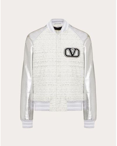 Valentino Vロゴ シグネチャー ツイード X レザー ボンバージャケット おとこ ホワイト/シルバー