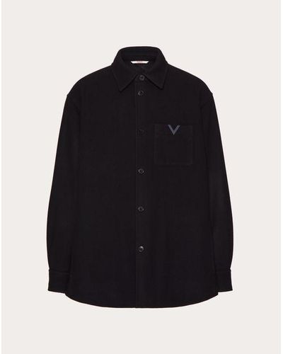 Valentino ラバーコーティング Vディテール テクニカルウール シャツジャケット おとこ ネイビー - ブラック