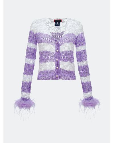 Andreeva Lavender Handmade Knit Sweater With Detachable Feather Details On The Cuffs And Pearl Buttons - Purple