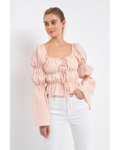 English Factory Tie Detailed Shirring Top With Long Sleeves - Pink