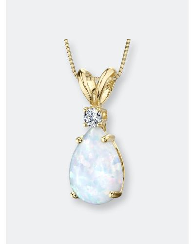 Peora 14 Karat Yellow Gold Pear Shape Created Opal Diamond Pendant - Blue