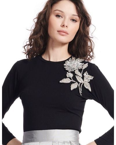 Emily Shalant Feather Shoulder Luxe Jersey Top in Black