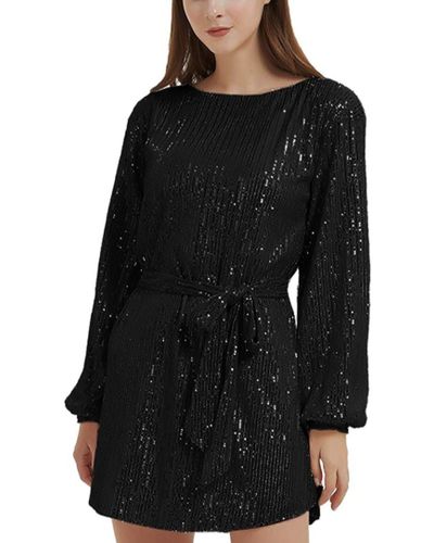 anna-kaci Sparkly Sequins Party Dress Long Sleeve Crew Neck Elegant Loose Fashion Dresses - Black