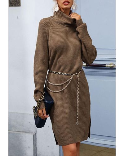 anna-kaci Turtleneck Ribbed Slit Sweater Dress - Brown