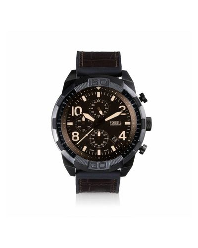 Fossil Bronson Fs5713 Elegant Japanese Movement Fashionable Chronograph Brown Croco Leather And Rubber Watch - Black