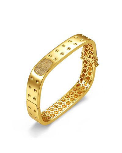 Rachel Glauber 14k Gold Plated With Diamond Cubic Zirconia Textured Geometric Square Bangle Bracelet - Metallic