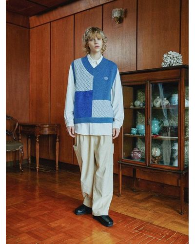 WAIKEI Tone-on-tone Color Block Wool Knit Vest Sky-blue - Lyst