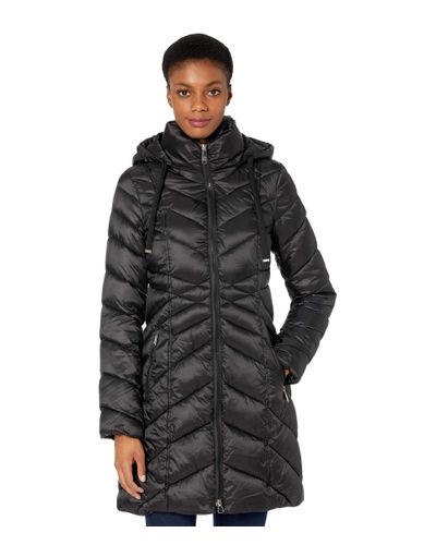 Sam Edelman Synthetic 3/4 Hooded Chevron Poly Puffer Coat in Black - Lyst