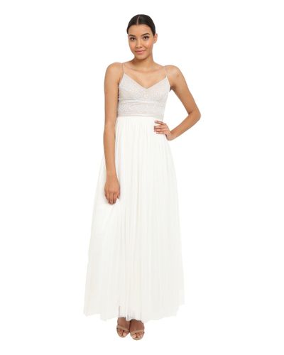 Adrianna Papell Sleeveless Beaded Bodice Tulle Gown in Ivory/Nude