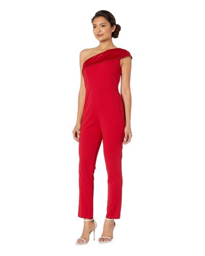 Adrianna Papell Womens One-Shoulder Knit Crepe Jumpsuit w/Stretch Charmeuse Neckline 