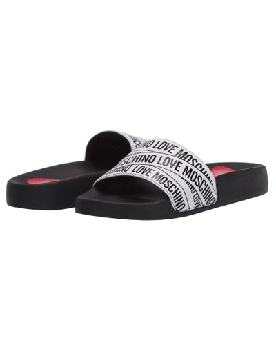 Love Moschino Synthetic Taped Logo Slide in White - Lyst