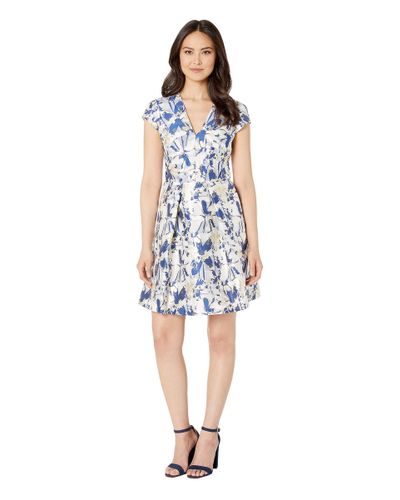 Vince Camuto Cap Sleeve Metallic Floral Print Jacquard Fit And Flare Dress in Gold (Blue) - Lyst