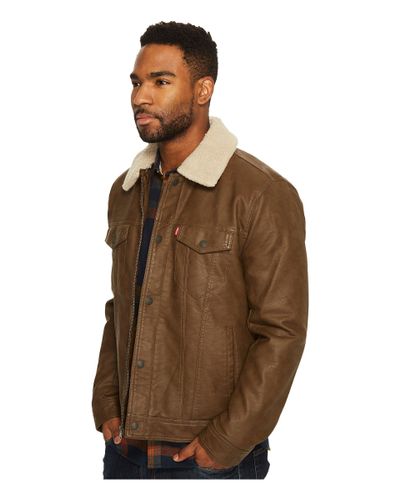 Levi's Levi's(r) Faux Leather Trucker With Sherpa Collar And Polytwill  Lining (dark Brown) Men's Coat for Men - Lyst