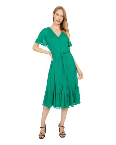 Calvin Klein Synthetic Button Front Ruffle Sleeve Dress With Self Tie ...