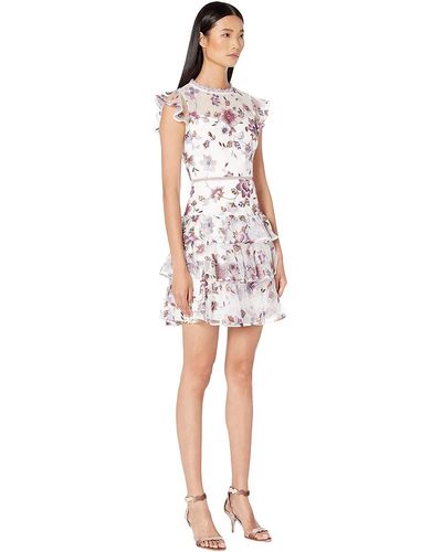 ML Monique Lhuillier Lace Embroidered Mesh Tiered Dress With Ruffled Sleeves in White - Lyst