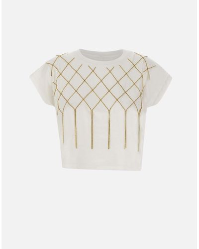 Liu Jo Weißes Baumwollmoda-T-Shirt Mit Strass- Und Pailletten-Design