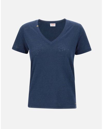 Sun 68 Blaues Leinen-T-Shirt Mit V-Ausschnitt Für Damen