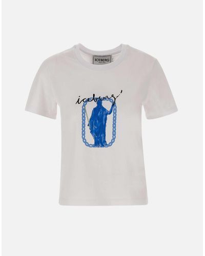 Iceberg Weißes T-Shirt Aus Baumwolljersey Mit Roma-Print - Blau