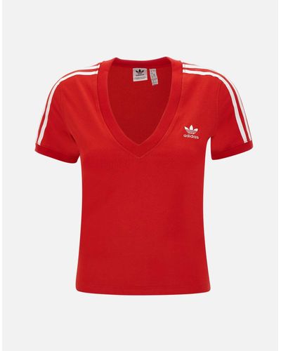 adidas Rotes Baumwoll-V-Ausschnitt-T-Shirt Mit Gesticktem Logo