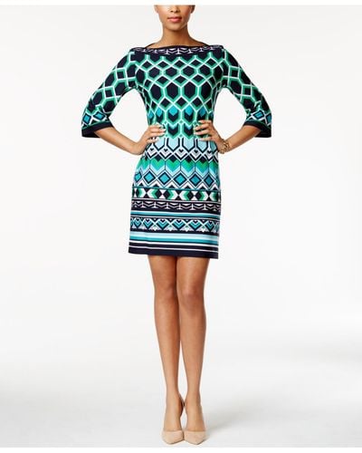 Sandra Darren Three-quarter-sleeve Geo-print Sheath Dress - Blue