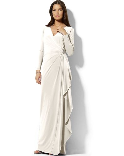 Lauren by Ralph Lauren Longsleeve Draped Brooch Dress - White
