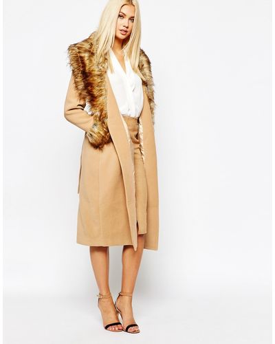 Missguided Coat With Faux Fur Collar And Cuffs - Brown