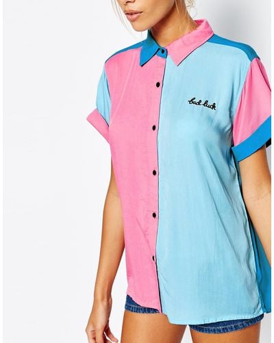 Lazy Oaf Short Sleeve Bowling Shirt With Bad Luck Slogan - Blue