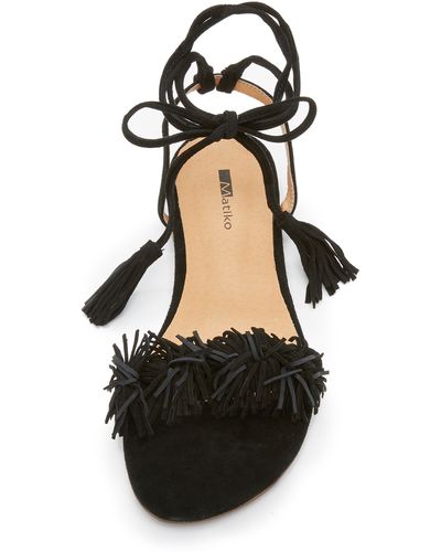 Matiko Delilah Fringe Flat Sandals - Black