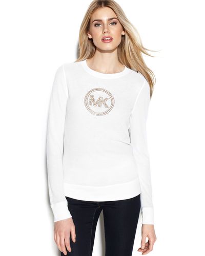 Michael Kors  Long Sleeve Studded Logo Top - White