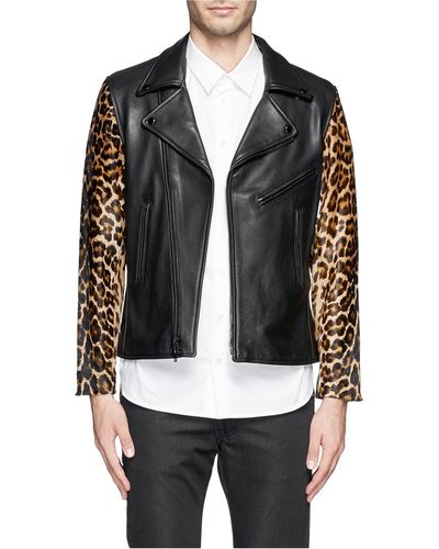 Ovadia And Sons Leopard Print Pony Hair Sleeve Leather Biker Jacket - Multicolor