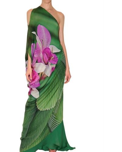 Roberto Cavalli Long Orchid Print Chiffon Dress - Green