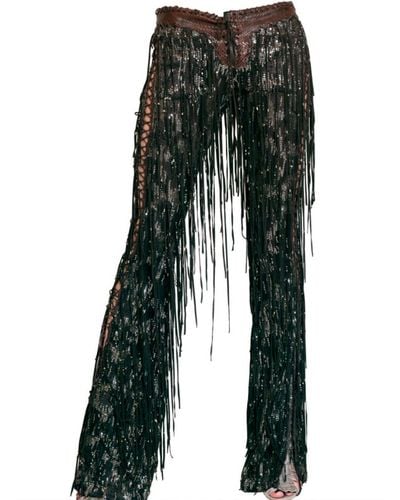 Roberto Cavalli Fringed Suede and Sequin Leather Pants - Brown