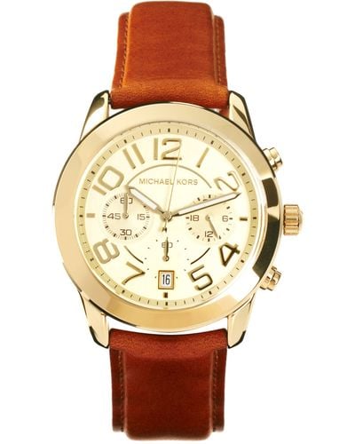Michael Kors Leather Strap Watch with Gold Chronograph Face - Brown
