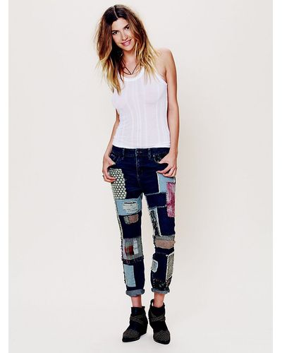 Free People Patched Slim Slouch Jeans - Blue