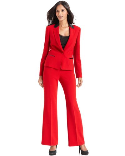 Anne Klein Faux Leather Trim Pant Suit - Red