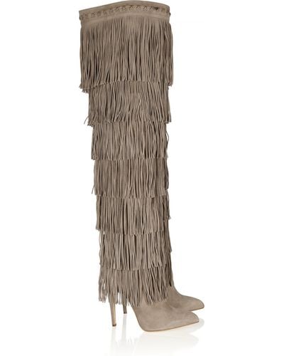 Brian Atwood Viva Tiered Fringed Suede Boots - Natural