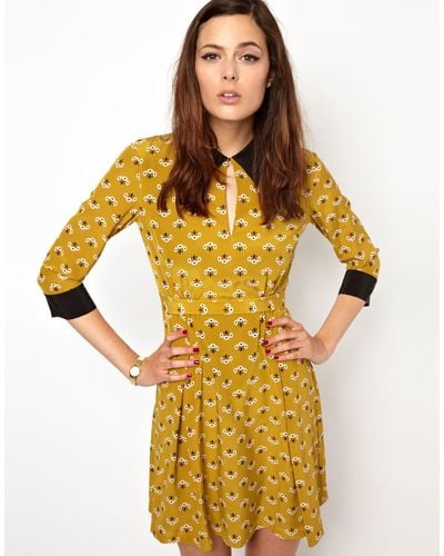Orla Kiely Collar Detail Dress in Posey Print Silk - Yellow