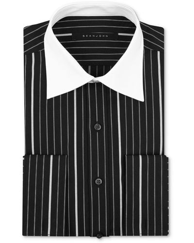 Sean John Black and White Pinstripe Longsleveed Shirt with White Collar and French Cuffs