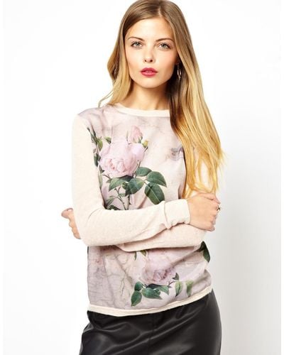Ted Baker Knitted Sweater with Woven Front Panel in Floral Print - Pink