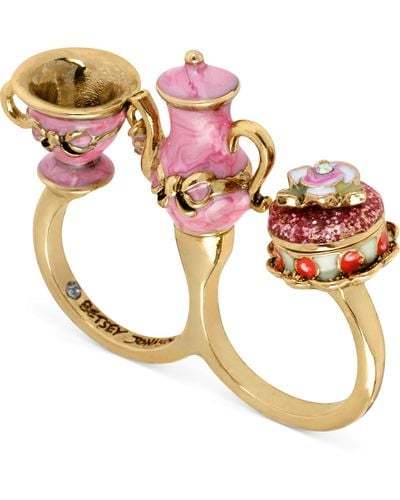Betsey Johnson Antique Goldtone Pink Teapot and Cup Twofinger Ring