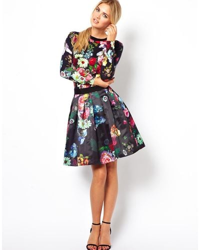 Ted Baker Full Skirt in All Over Floral Print - Black
