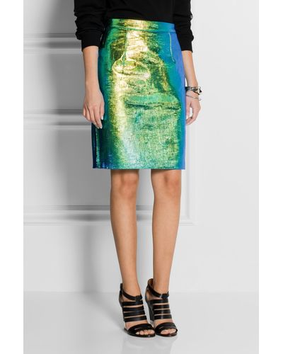 MILLY Edith Holographic Reptileeffect Leather Skirt - Metallic