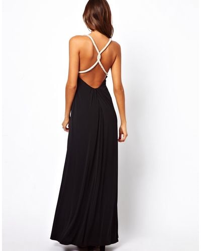 Forever Unique Plunge Neck Maxi Dress with Crystal Rope Straps - Black
