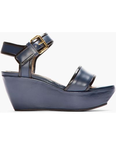 Marni Navy Leather Wedge Sandals - Blue