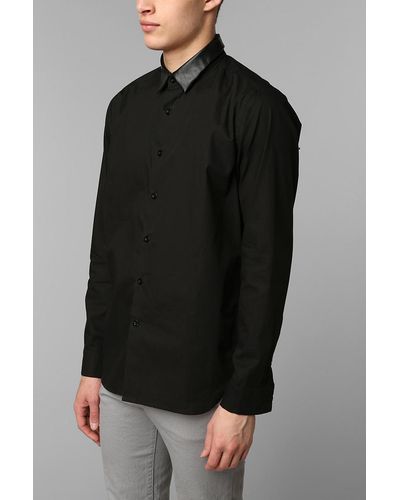 Urban Outfitters Vegan Leather Collar Buttondown Shirt - Black