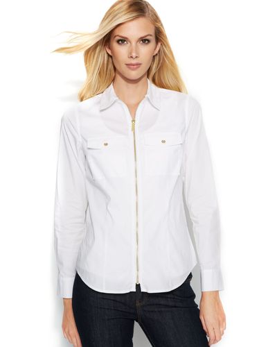 Michael Kors Long Sleeve Zip Front Blouse - White