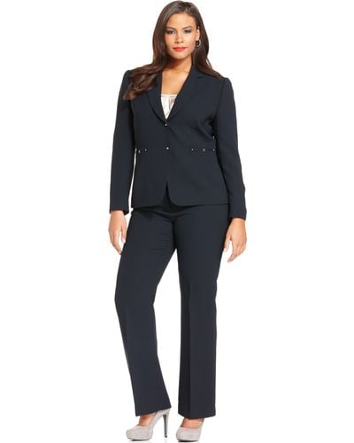 Tahari Plus Size Two Button Pinstripe Pant Suit - Blue