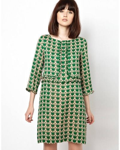Orla Kiely Silk 60s Shift Dress in Houndstooth Heart Print - Green