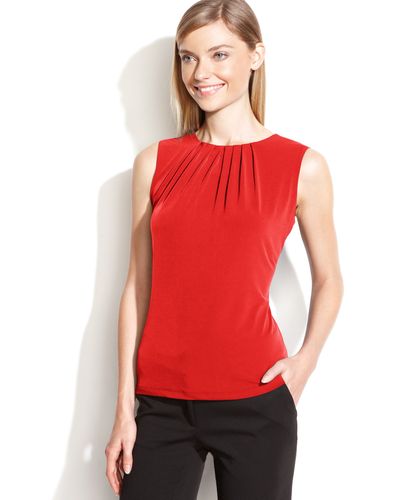 Calvin Klein Sleeveless Pleated Neck Blouse - Red