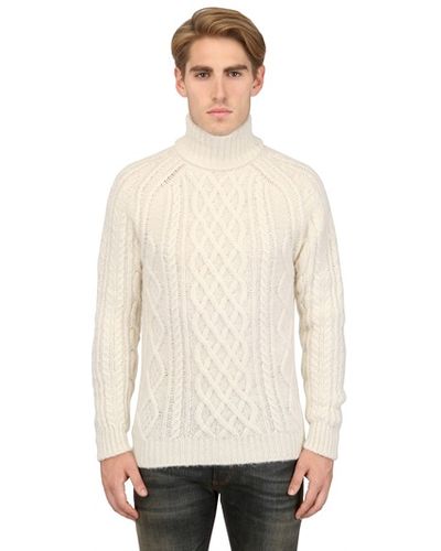 Dior Wool Silk Blend Cable Knit Turtleneck - White